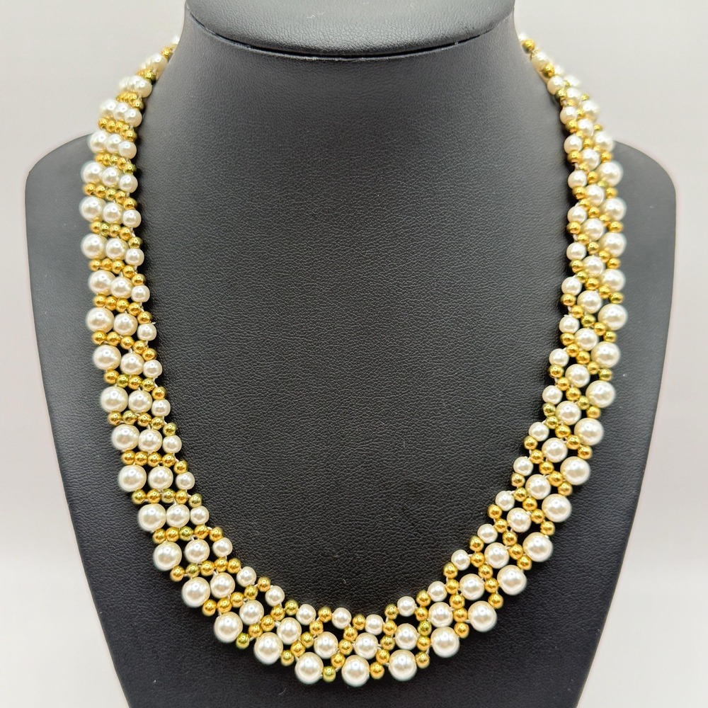Vintage Napier Faux Pearl and Gold Tone Bead Choker Costume Jewelry 16" Necklace